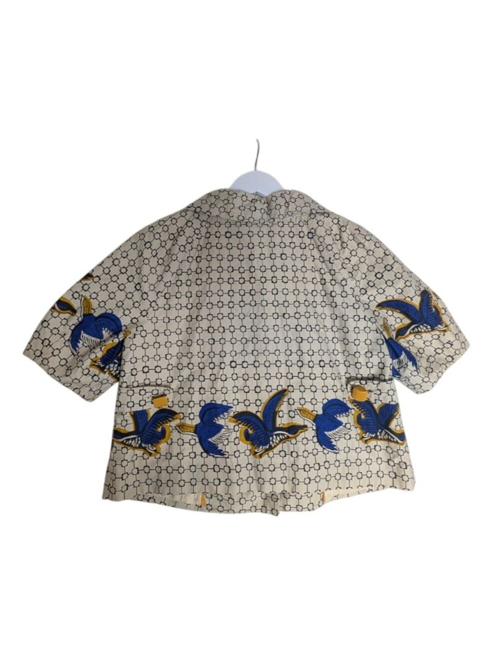 Taikonku Anthropologie Cirikli Bird Print Retro Cropped Jacket Size 8 Blue & Yel - Picture 10 of 11